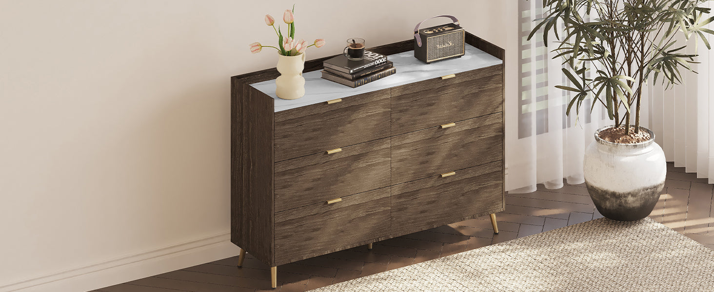 55" 6-Drawer Dresser Marbling Top Walnut