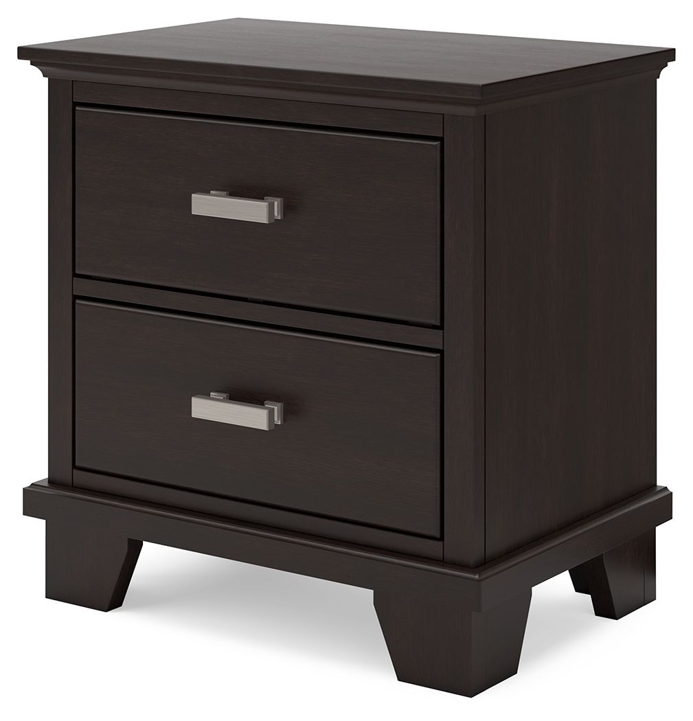 Dark brown two-drawer night stand with two drawers and silver bar pull handles