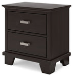 Dark brown two-drawer night stand with two drawers and silver bar pull handles