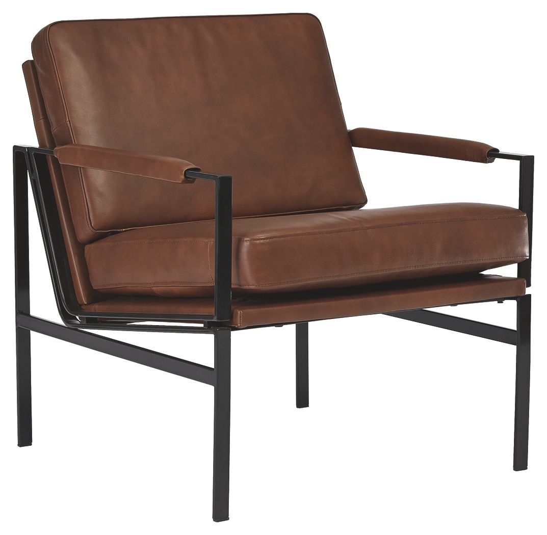 Dark brown leather-look accent chair with black metal-look frame and padded arms.
