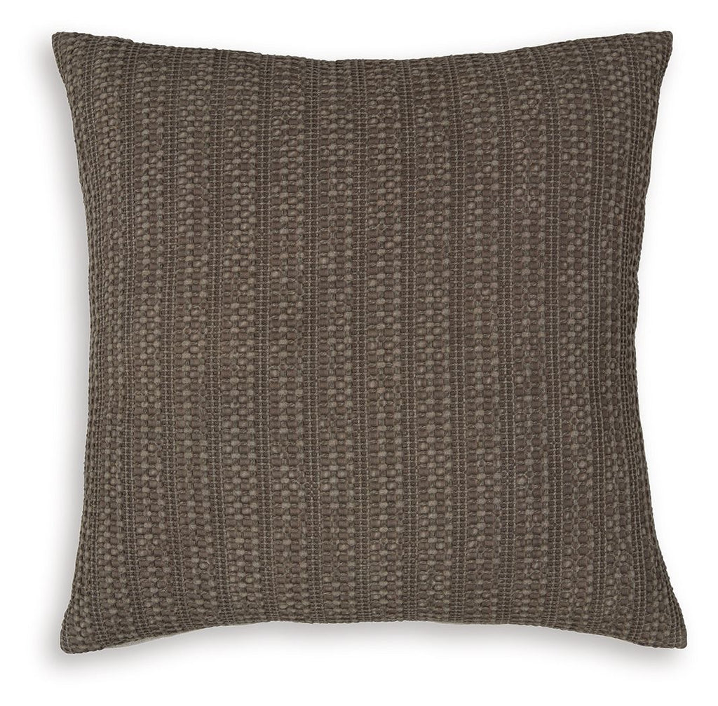 Dark brown textured throw pillow with vertical stitched pattern and square shape