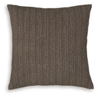 Dark brown textured throw pillow with vertical stitched pattern and square shape