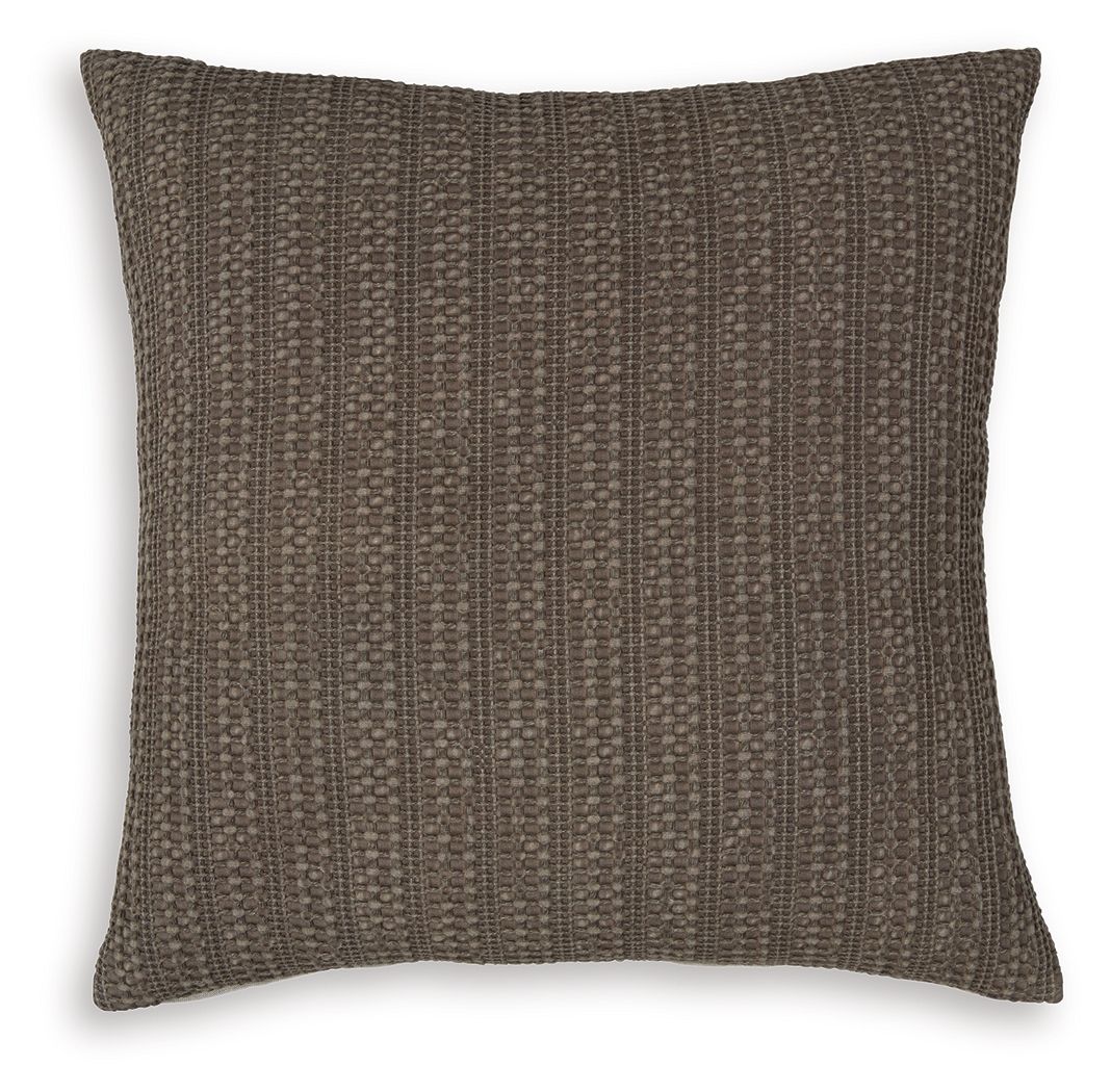 Dark brown textured throw pillow with vertical stitched pattern and square shape