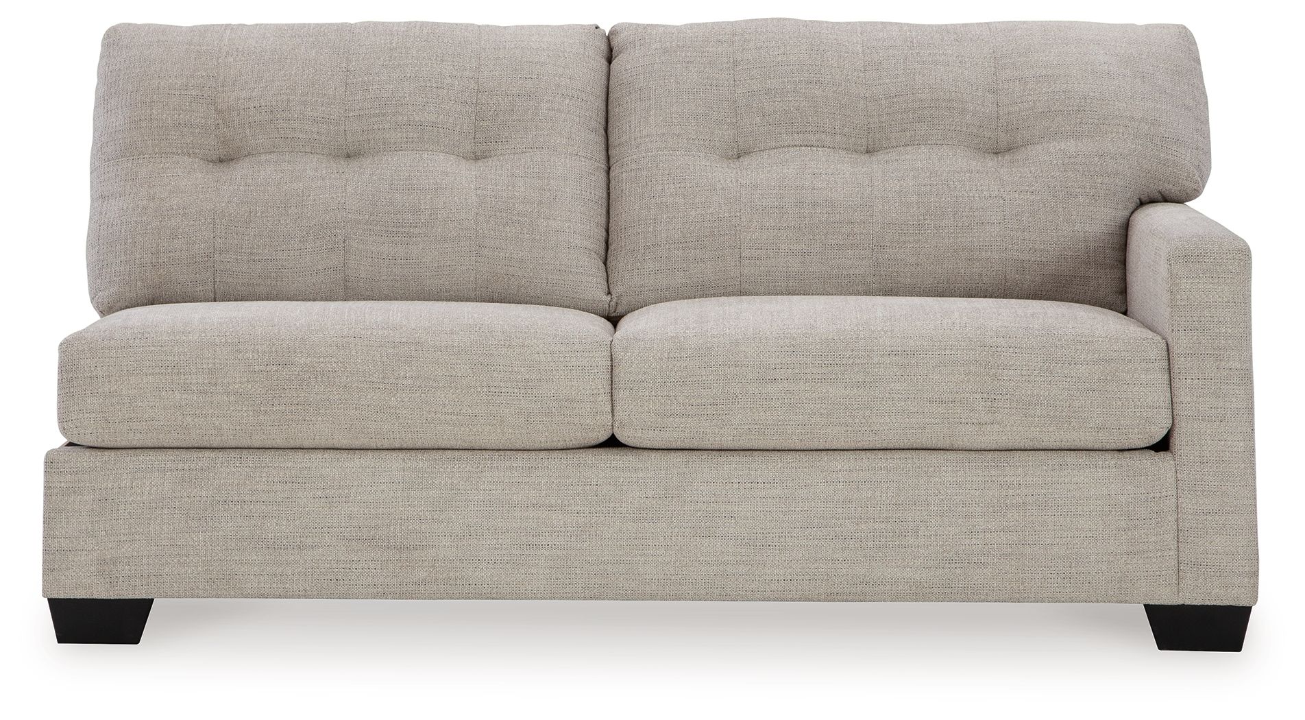 Pebble light-gray raf sofa, tufted back, track arms, black feet