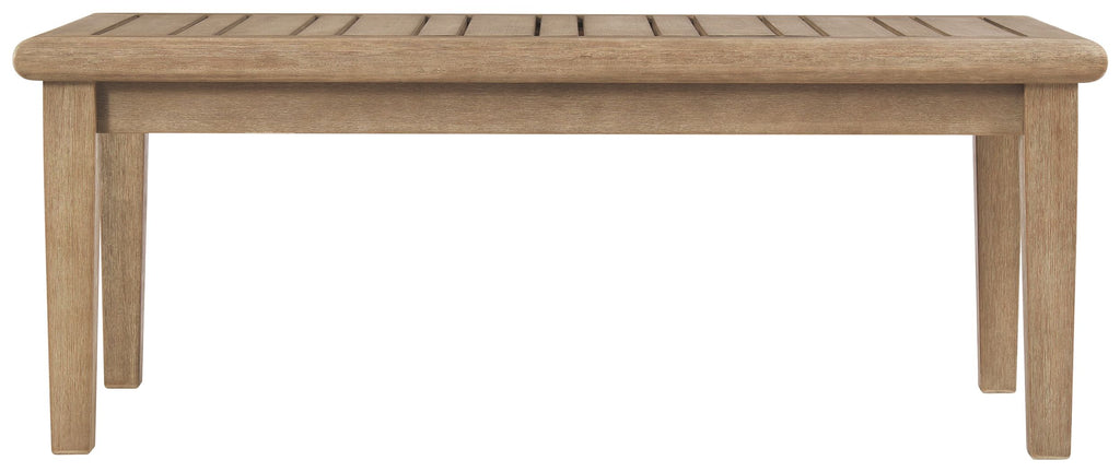 Brown rectangular cocktail table with slatted top and four tapered legs