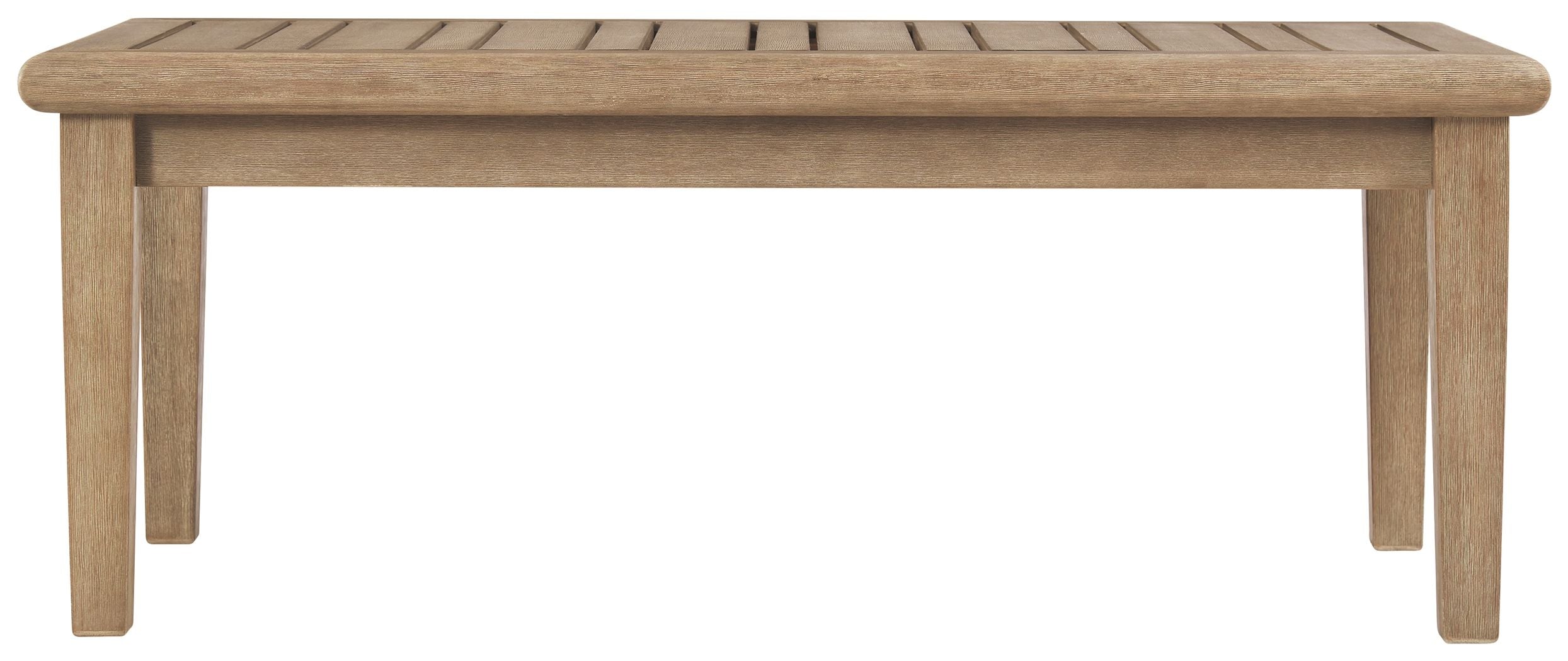 Brown rectangular cocktail table with slatted top and four tapered legs
