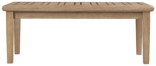 Brown rectangular cocktail table with slatted top and four tapered legs