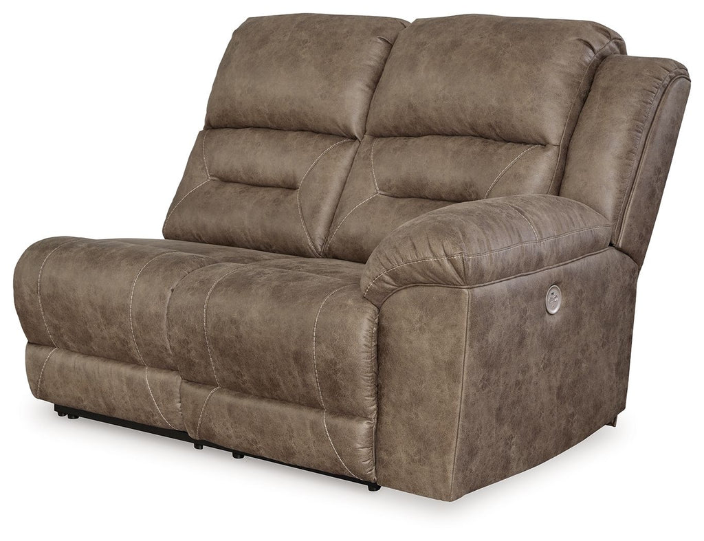 Power reclining loveseat in dark fossil brown with padded arms and tufted cushions