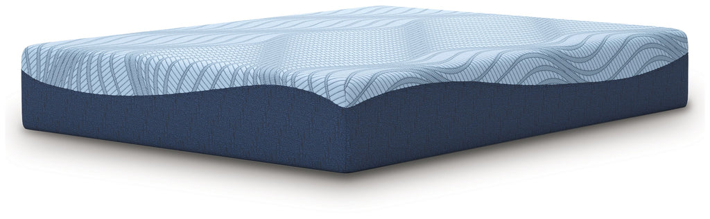Blue memory foam mattress with wavy top pattern and dark blue base