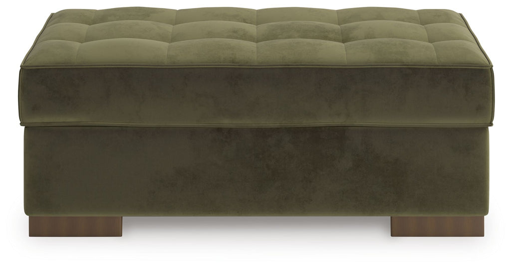 Olive accent ottoman with padded, tufted lid and square legs