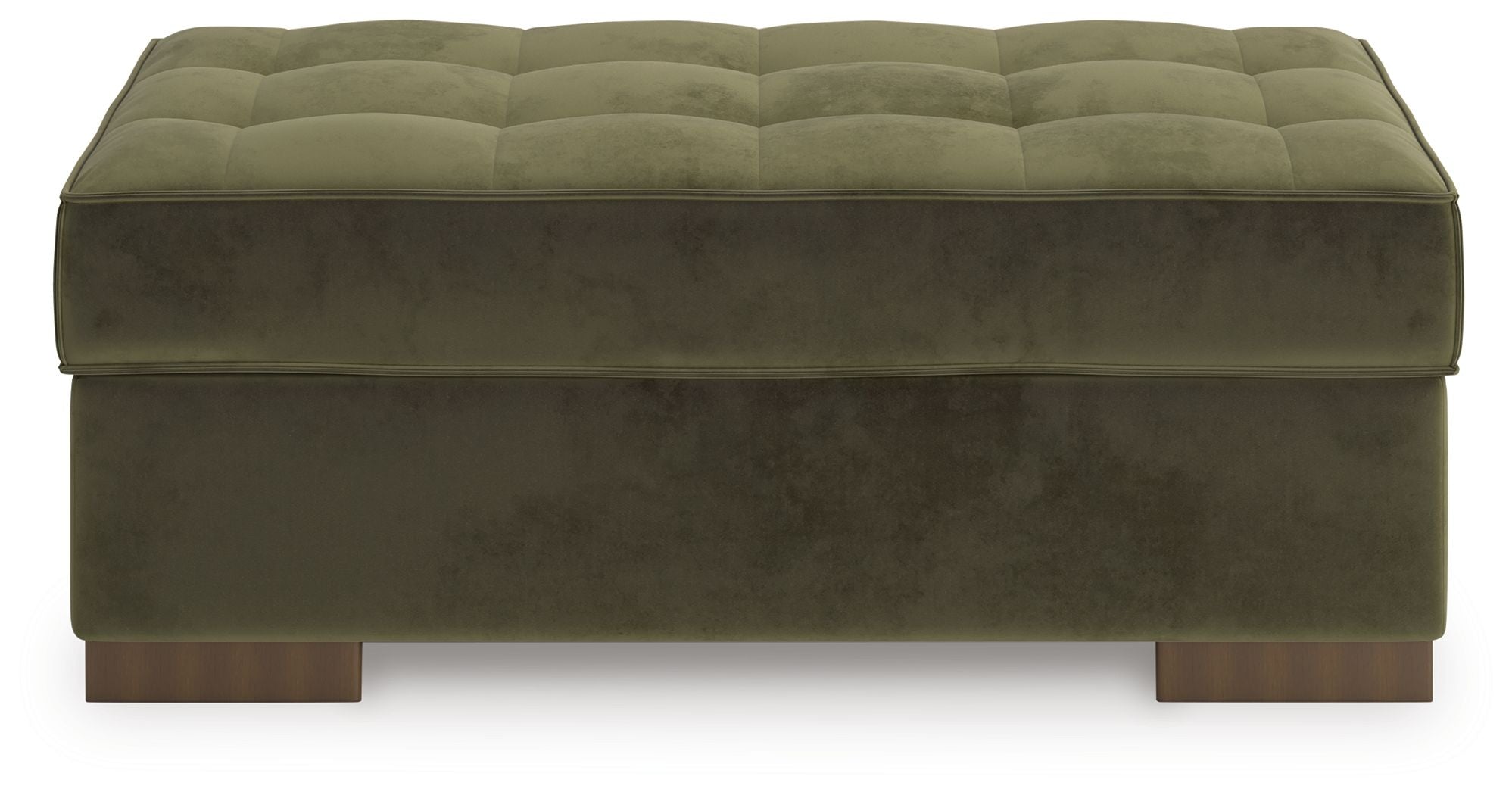 Olive accent ottoman with padded, tufted lid and square legs