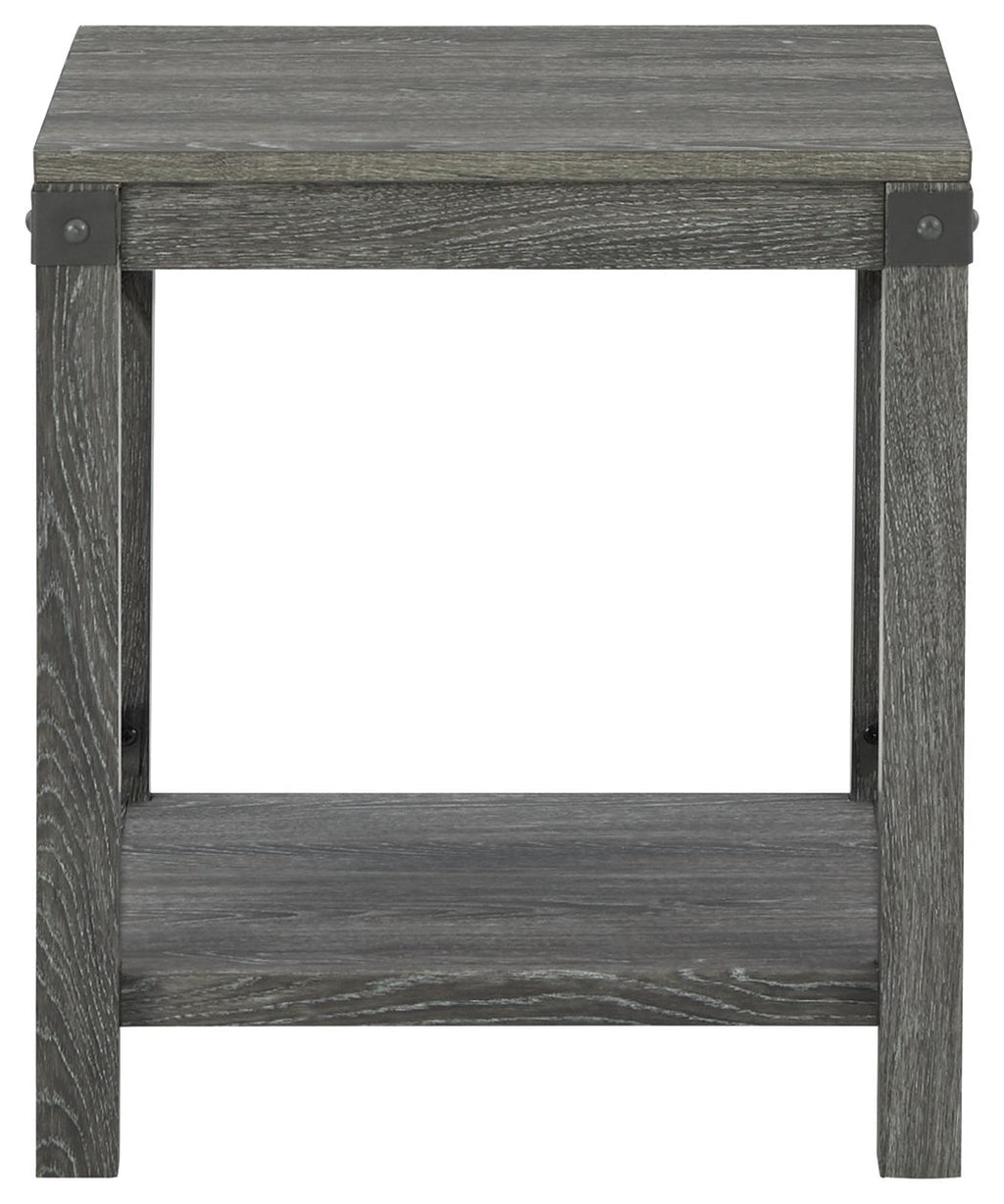 Square end table with grayish brown wood finish, lower shelf, and solid legs