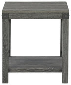Square end table with grayish brown wood finish, lower shelf, and solid legs