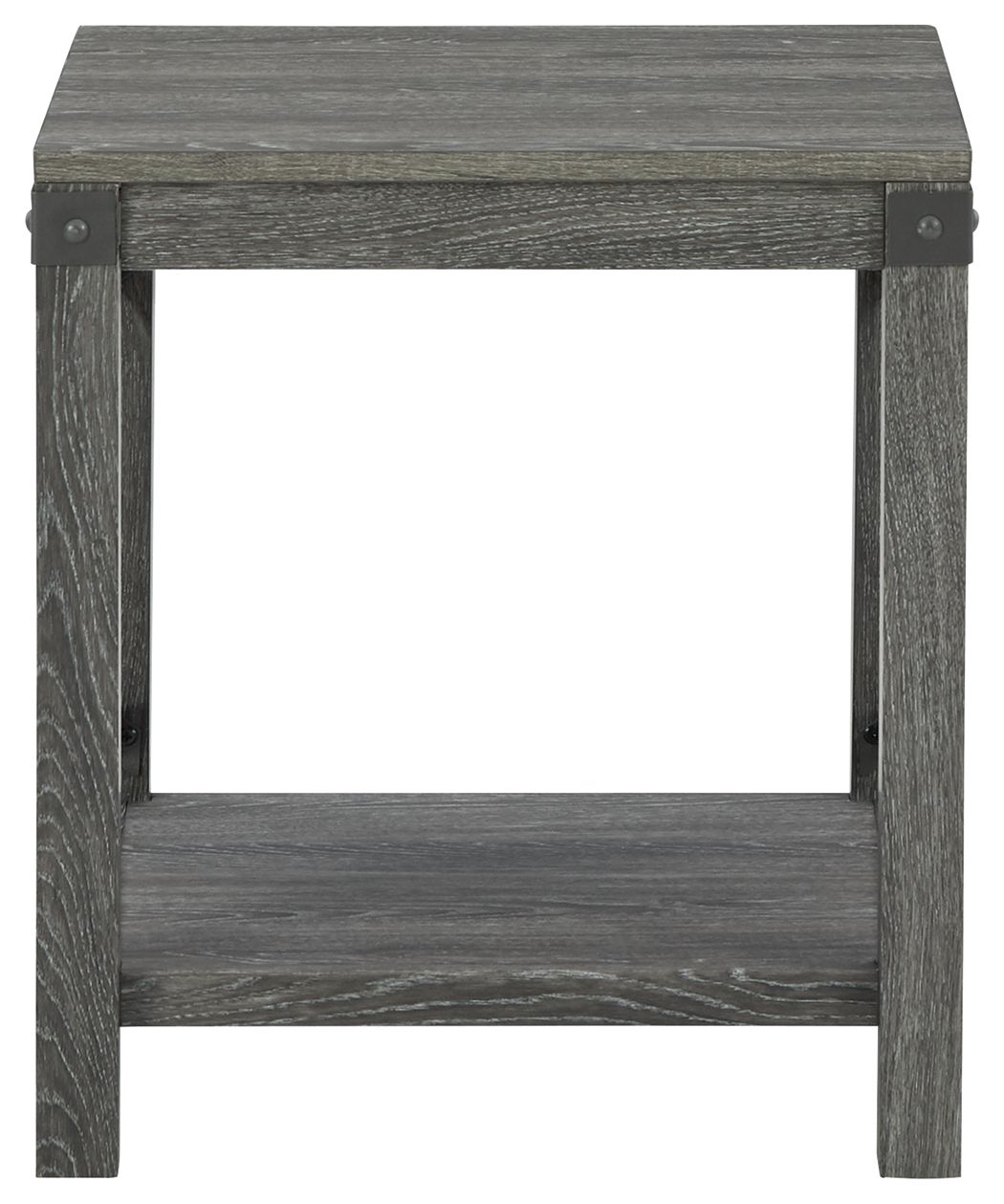 Square end table with grayish brown wood finish, lower shelf, and solid legs
