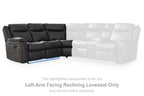 Dark gray left-arm reclining loveseat with extended chaise and padded back cushions