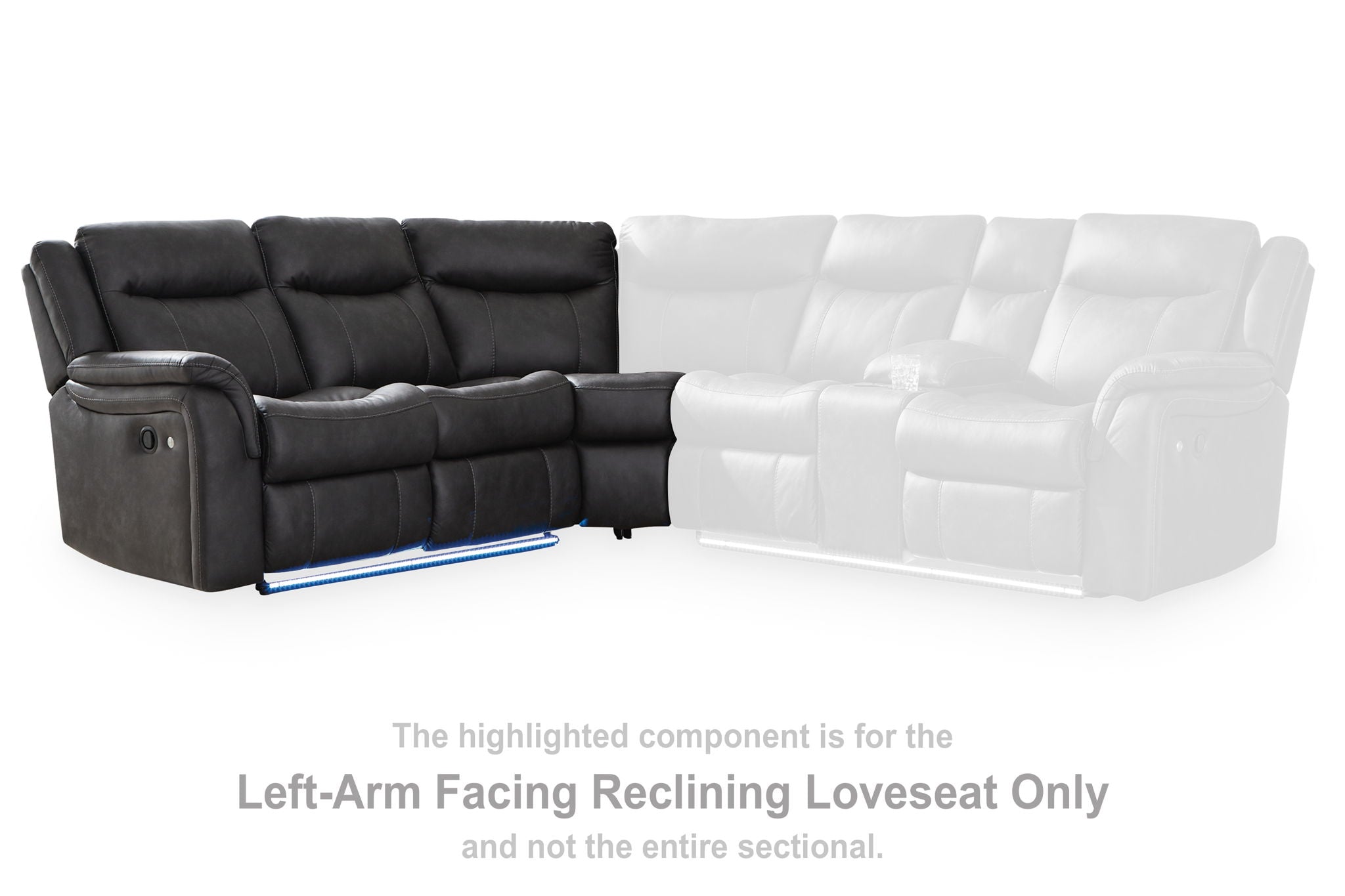 Dark gray left-arm reclining loveseat with extended chaise and padded back cushions