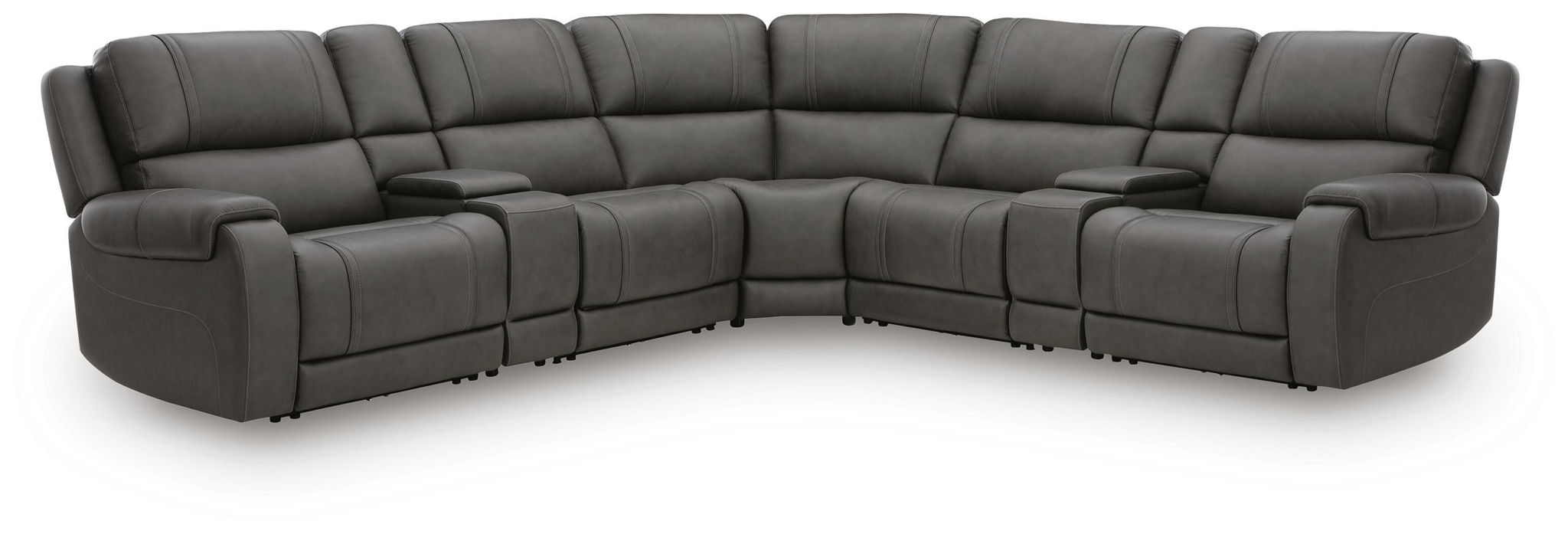 Dark gray L-shaped sectional with padded arms, cushioned back, and recliner-style seats