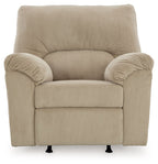 Sand striped rocker recliner chair with padded arms and cushioned seat