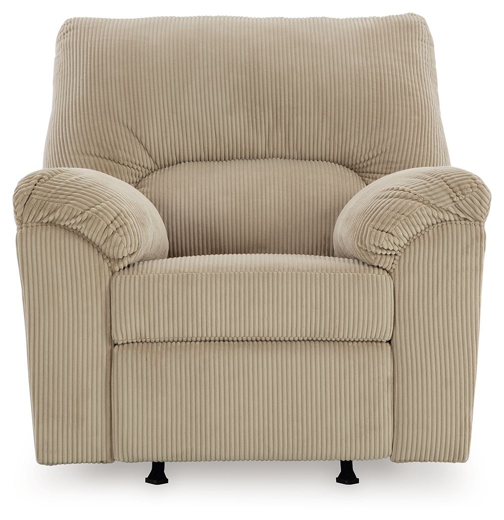 Sand striped rocker recliner chair with padded arms and cushioned seat