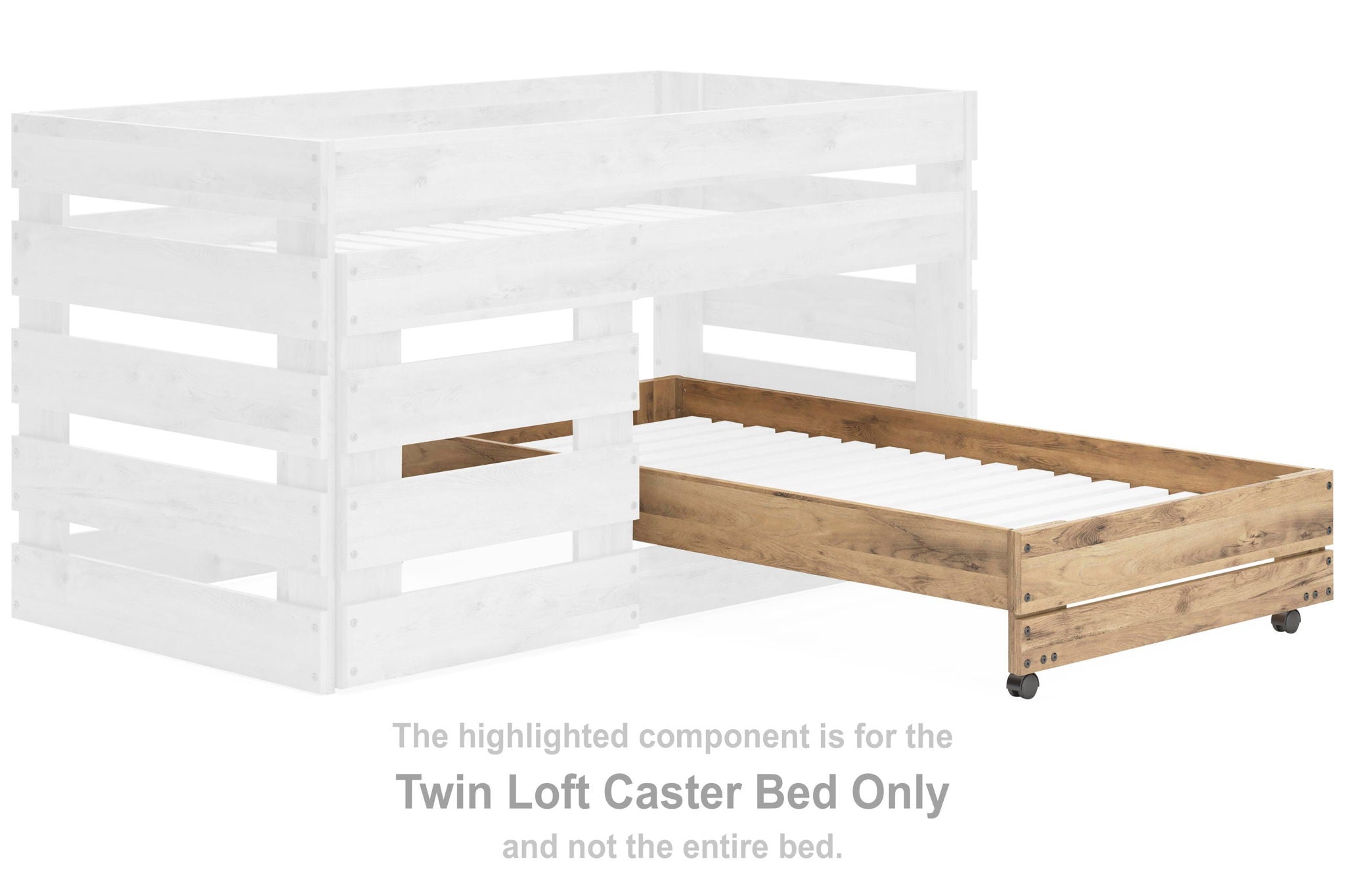 Twin loft caster bed with white frame and brown wood platform on wheels