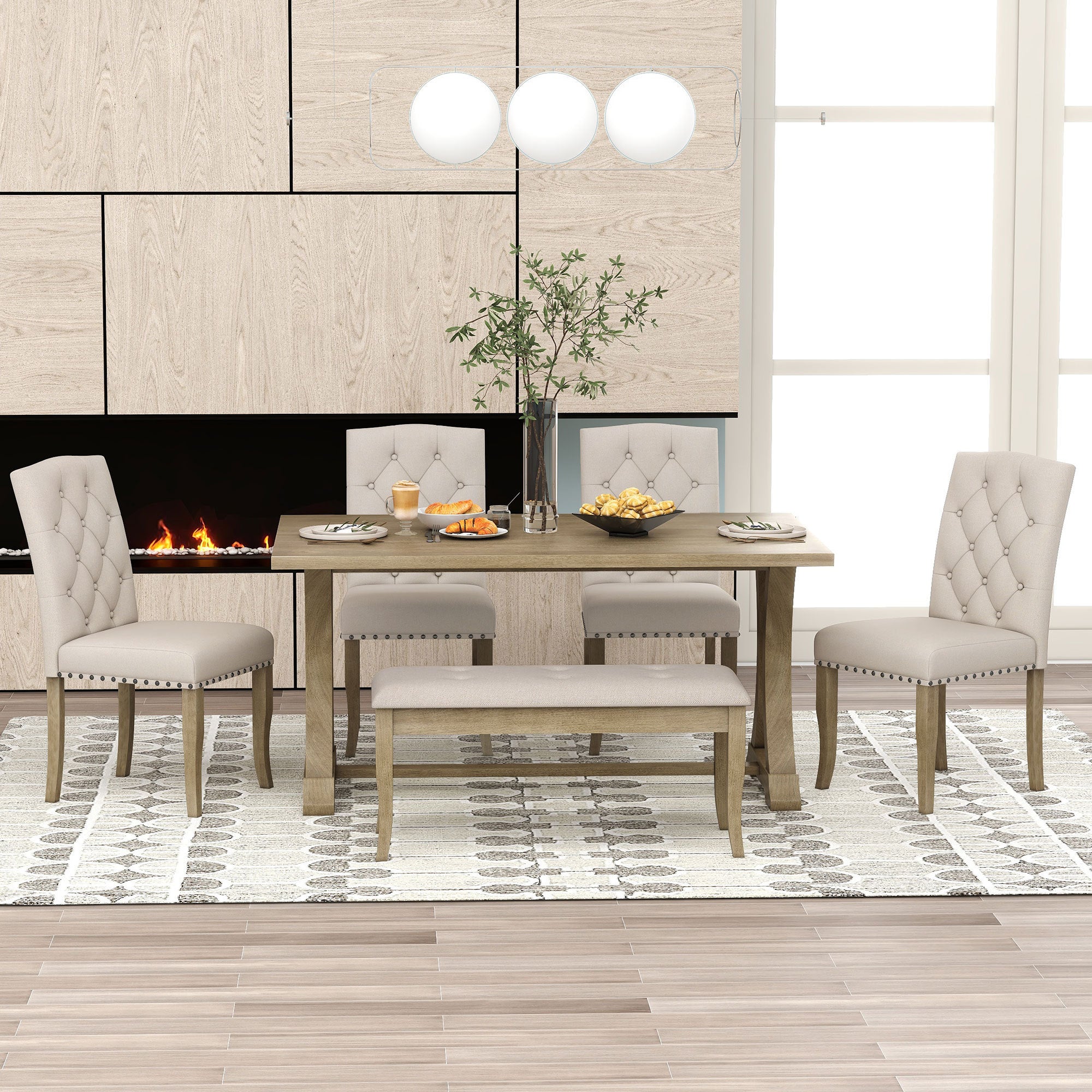 6-Pc Farmhouse Dining Set (Natural Wood)