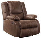 Bladewood recliner chair in dark coffee brown, padded armrests and headrest, reclining back