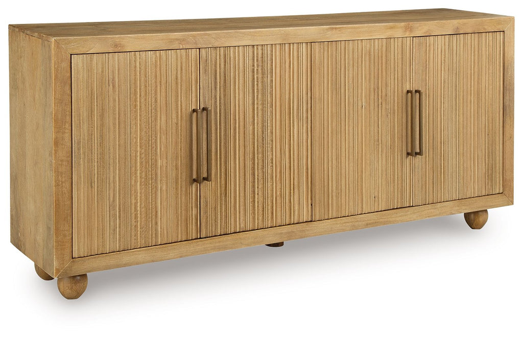 Light antique beige accent cabinet with two doors and metal bar handles