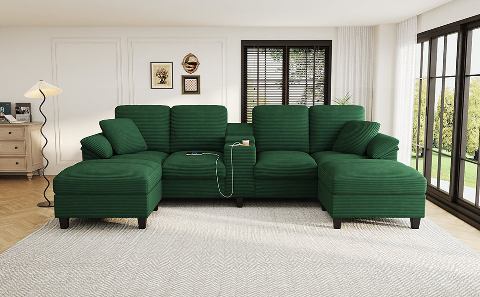 Green corduroy U-shaped sectional sofa with ottomans and chaise seats