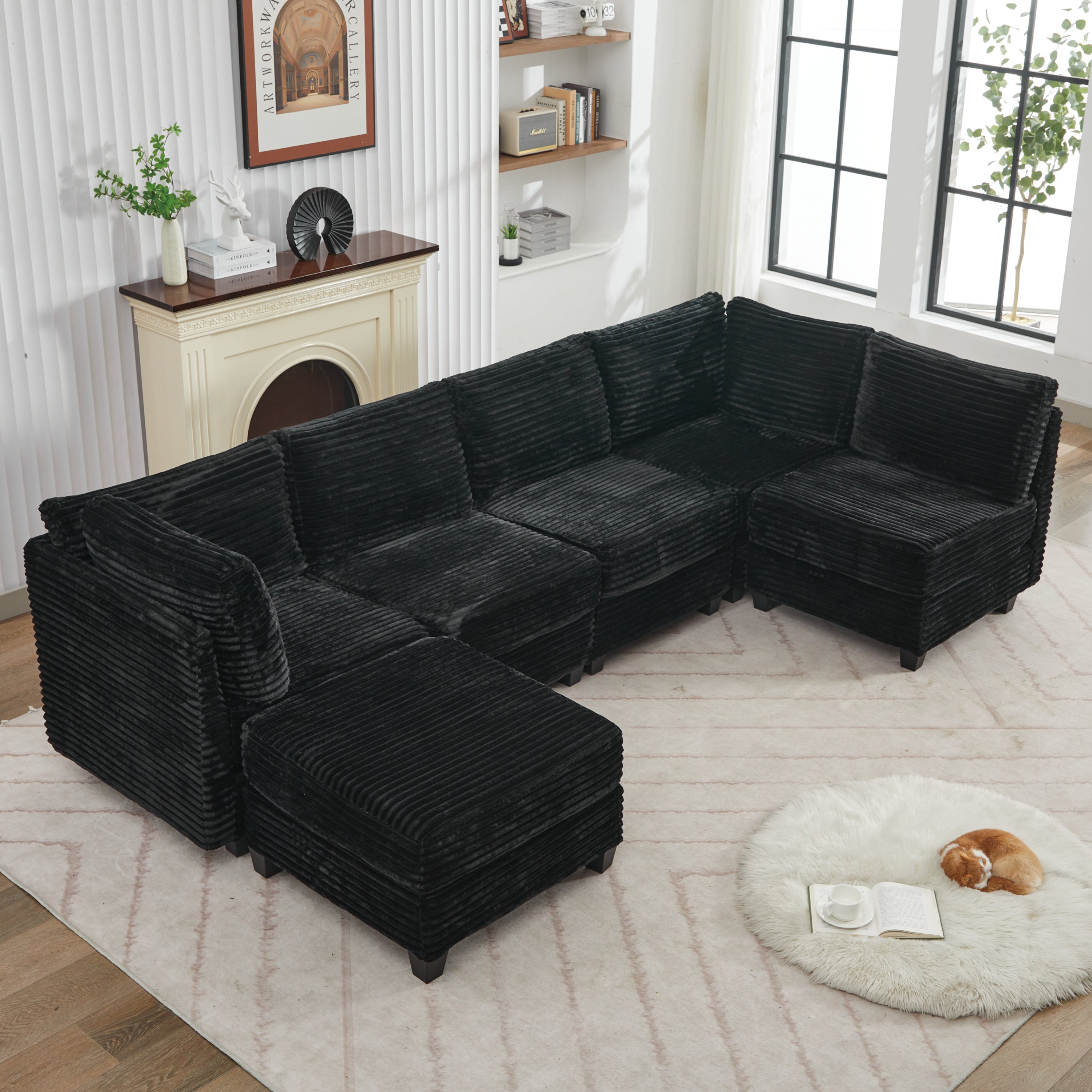 Corduroy U-Shaped Sectional Sofa with Storage & Ottoman