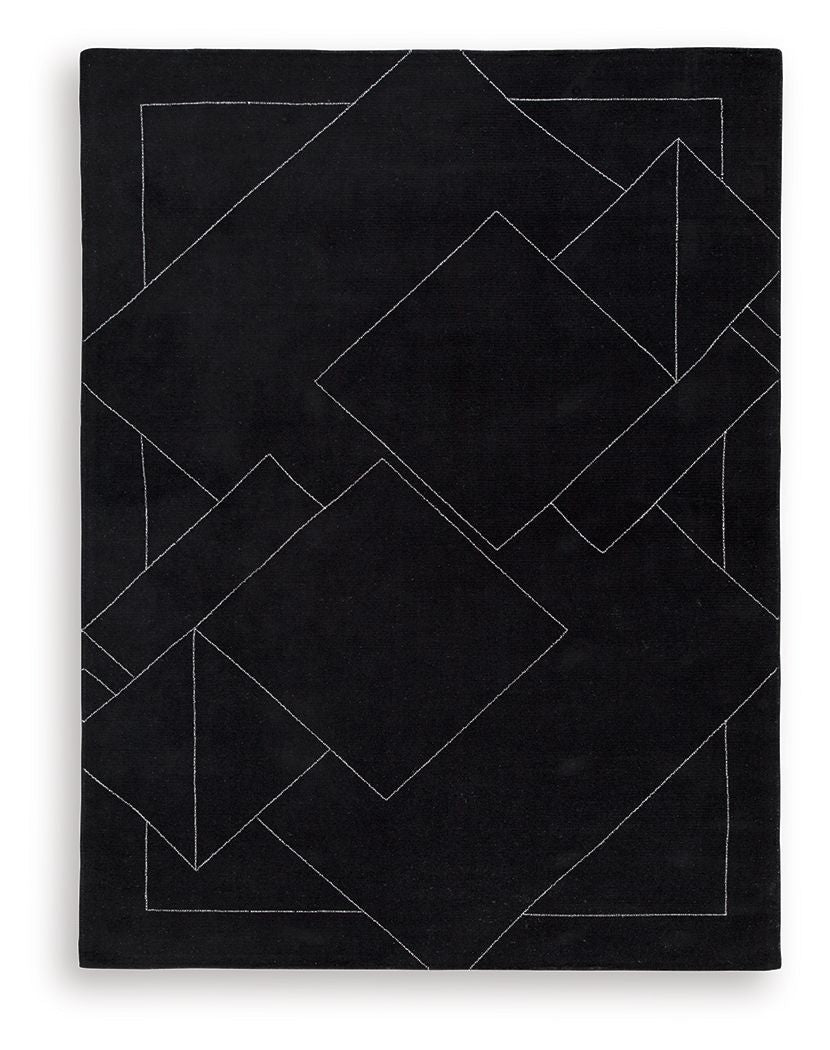 Black rug with white geometric line pattern and outlined diamond shapes