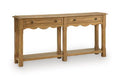 Light brown wood console sofa table with scalloped apron and two front drawers