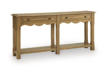 Light brown wood console sofa table with scalloped apron and two front drawers