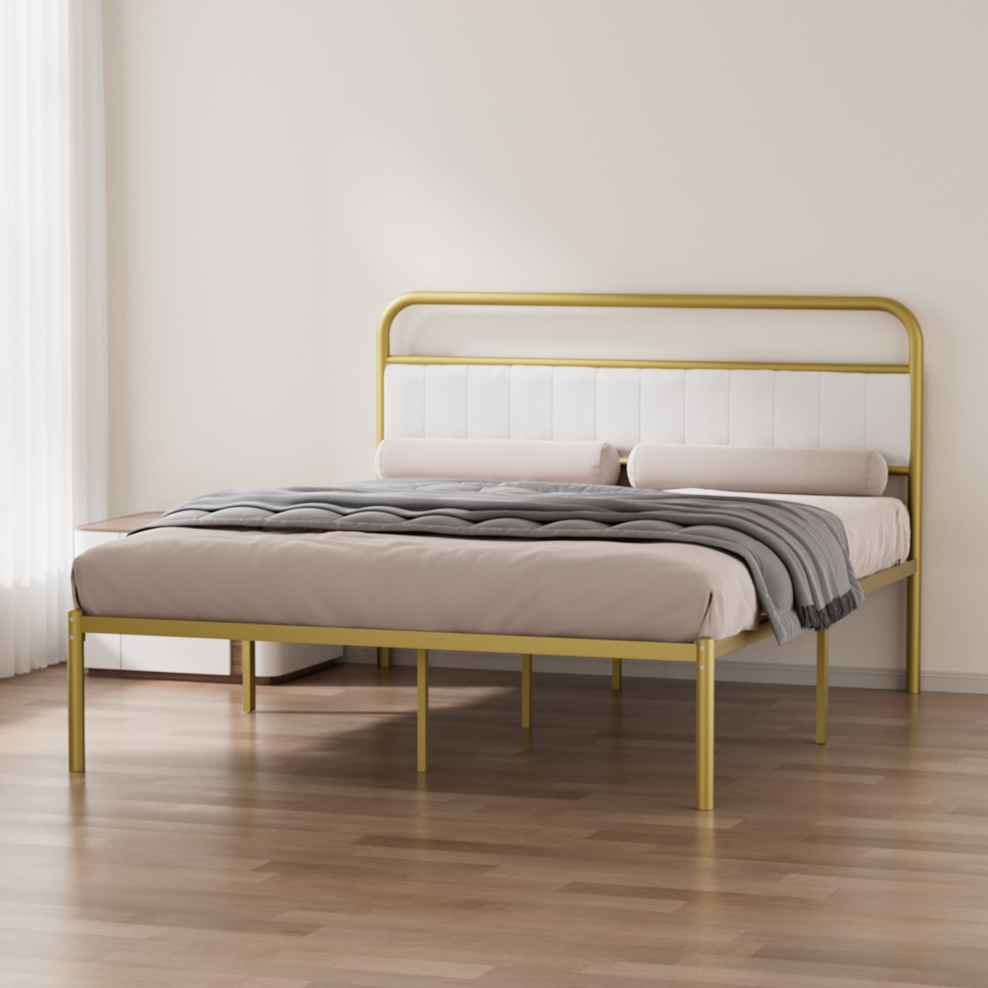 Queen Size Metal Platform Bed Adjustable Upholstered Headboard