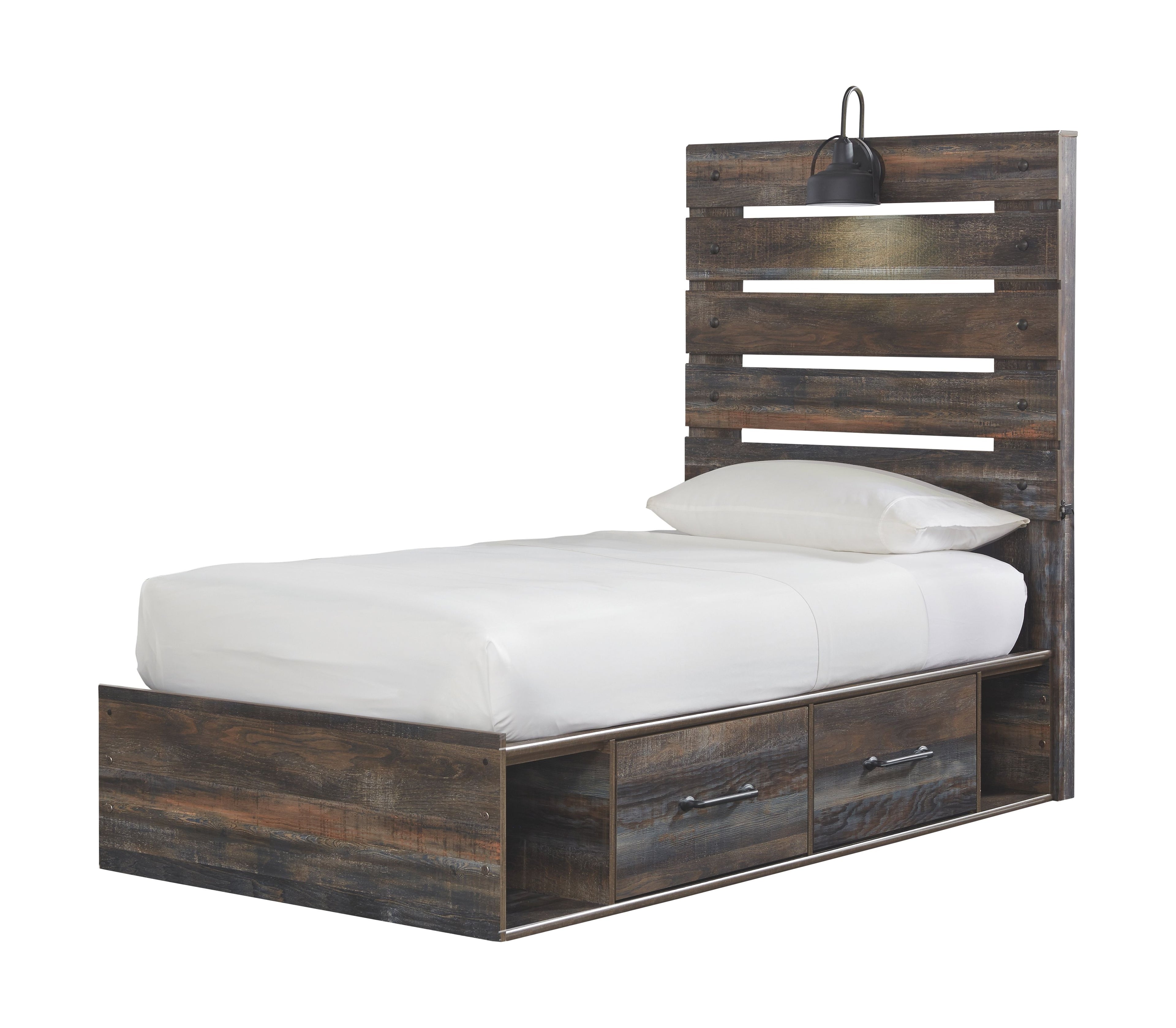Youth panel bedroom set bed with wood frame and headboard, styled with white pillow