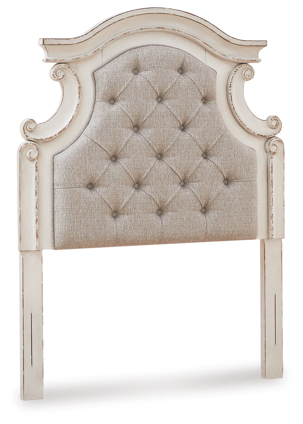Upholstered twin headboard with button-tufted beige fabric and chipped white carved frame