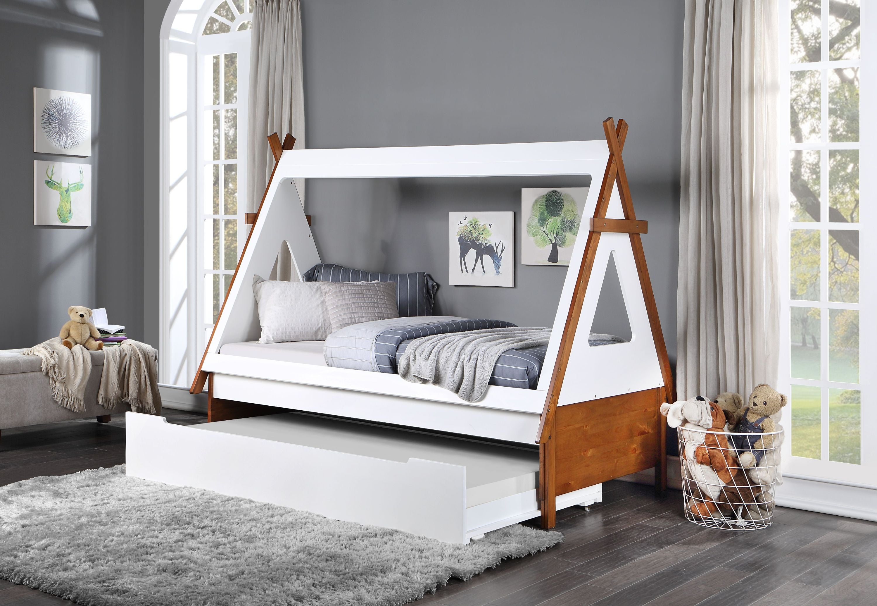 Loreen Oak & White Twin Bed with Trundle - Stylish Space Saver