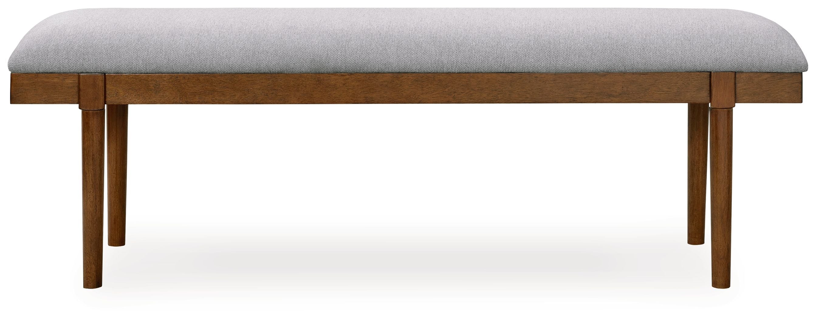 Large upholstered dining bench with gray padded top and brown wood base