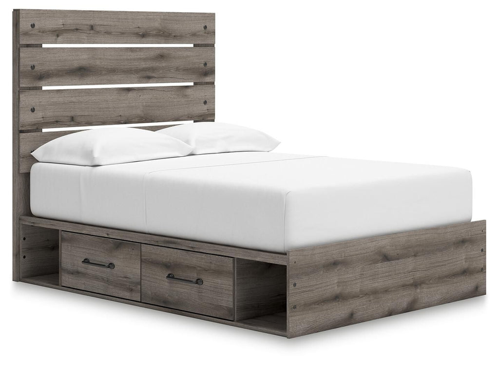 Dark gray panel bed with storage drawers and slatted headboard