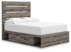 Dark gray panel bed with storage drawers and slatted headboard