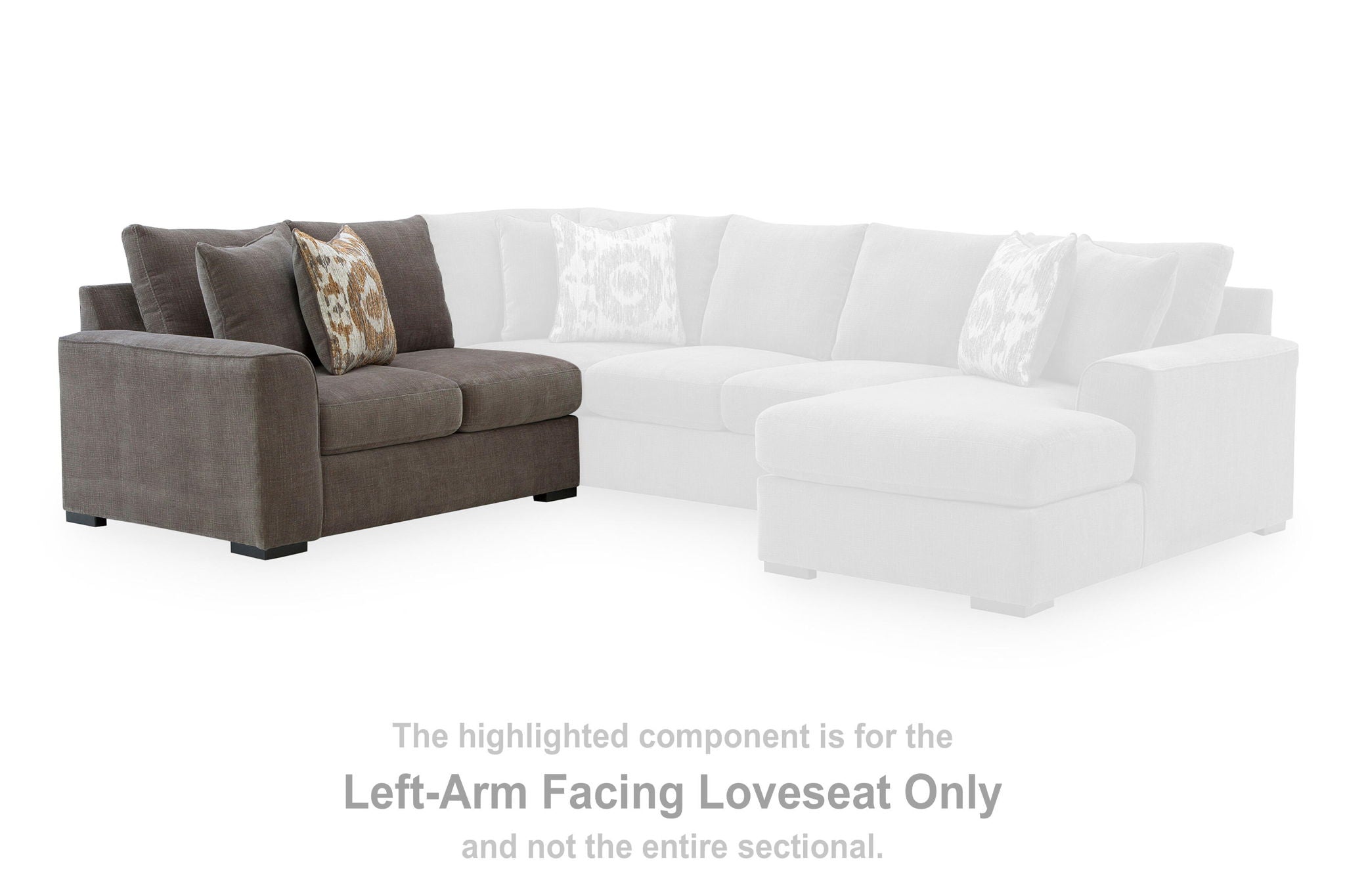 Left-arm facing dark gray loveseat with square arms and patterned throw pillow