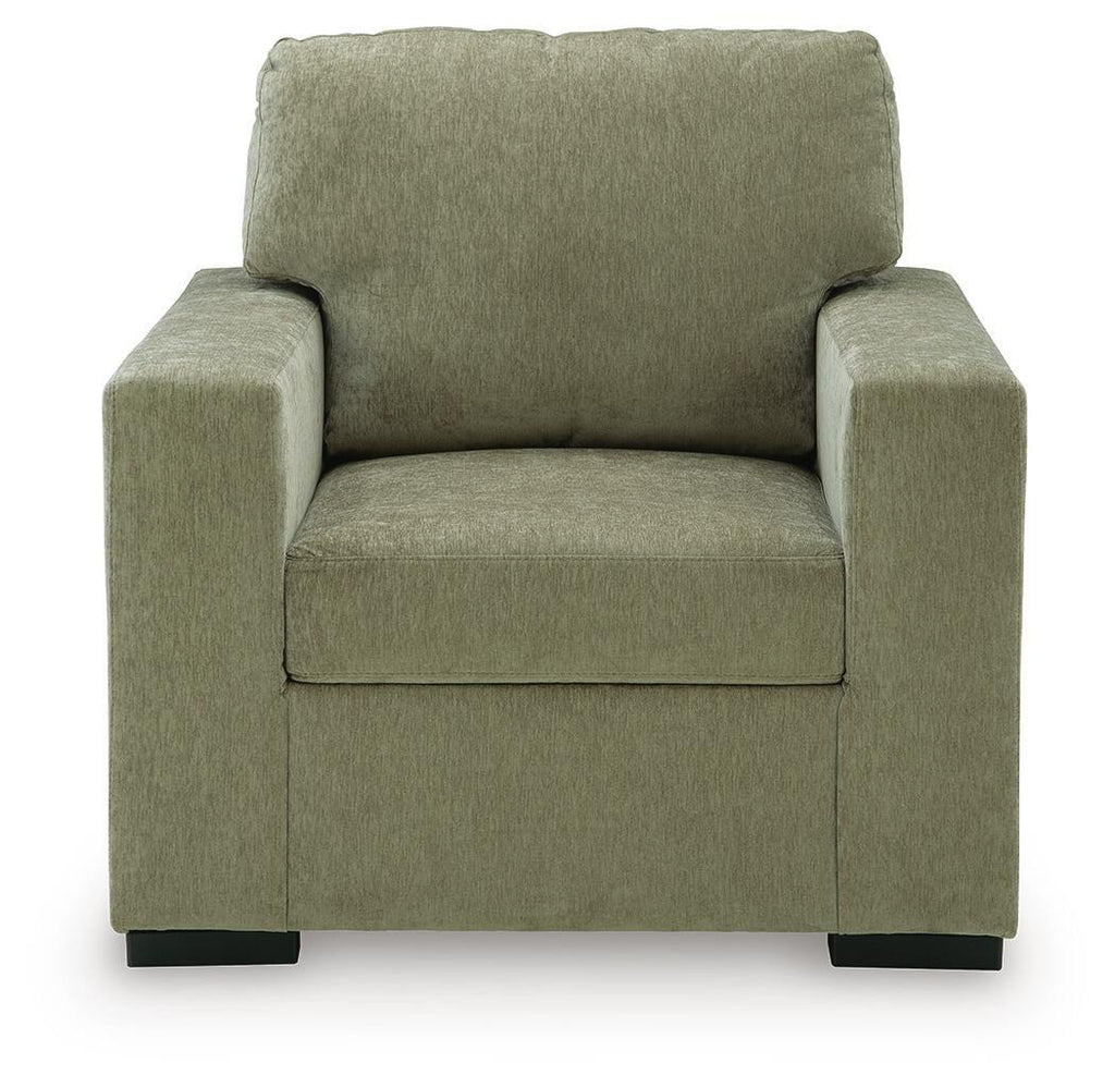 Moss green upholstered accent chair with wide arms and tall backrest