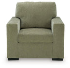 Moss green upholstered accent chair with wide arms and tall backrest