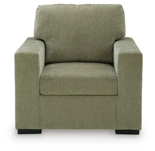Moss green upholstered accent chair with wide arms and tall backrest