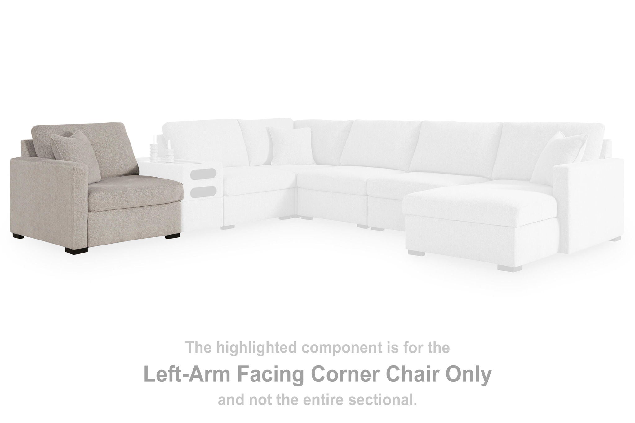 Grey left-arm facing corner chair component with upholstered seat and back, black feet