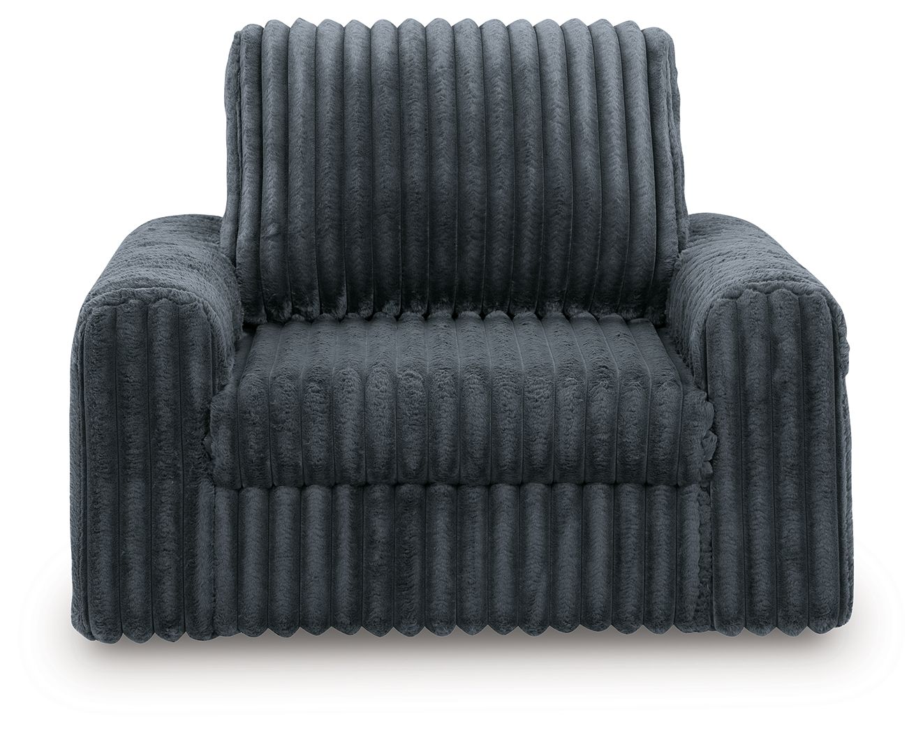 Gunmetal corduroy power gliding chaise with tufted seat, rounded armrests, tall back.