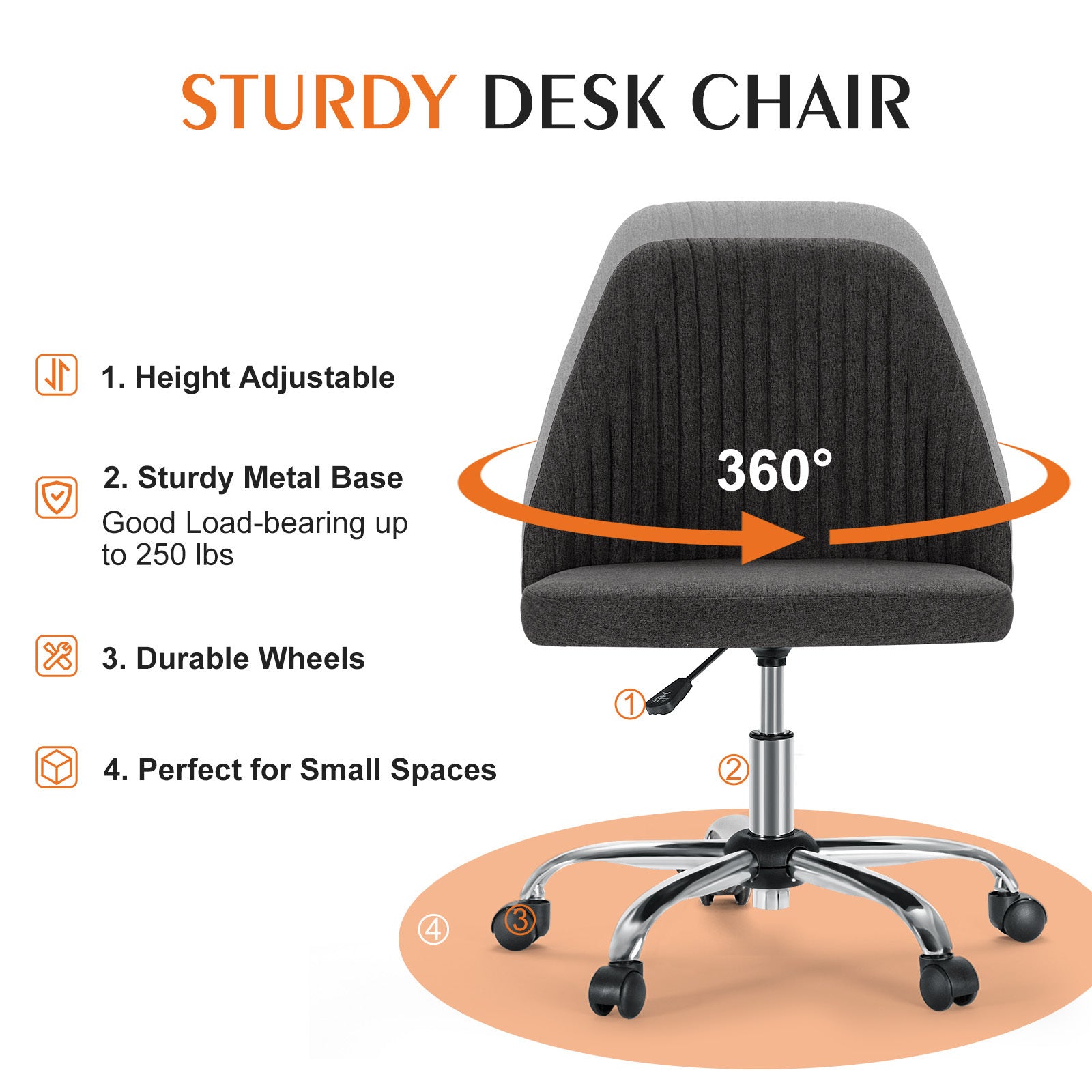 Armless Office Desk Chair - Adjustable Swivel Task Chair