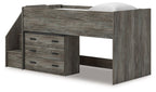 Gray loft bed with side bookcase compartments and front drawer storage panel