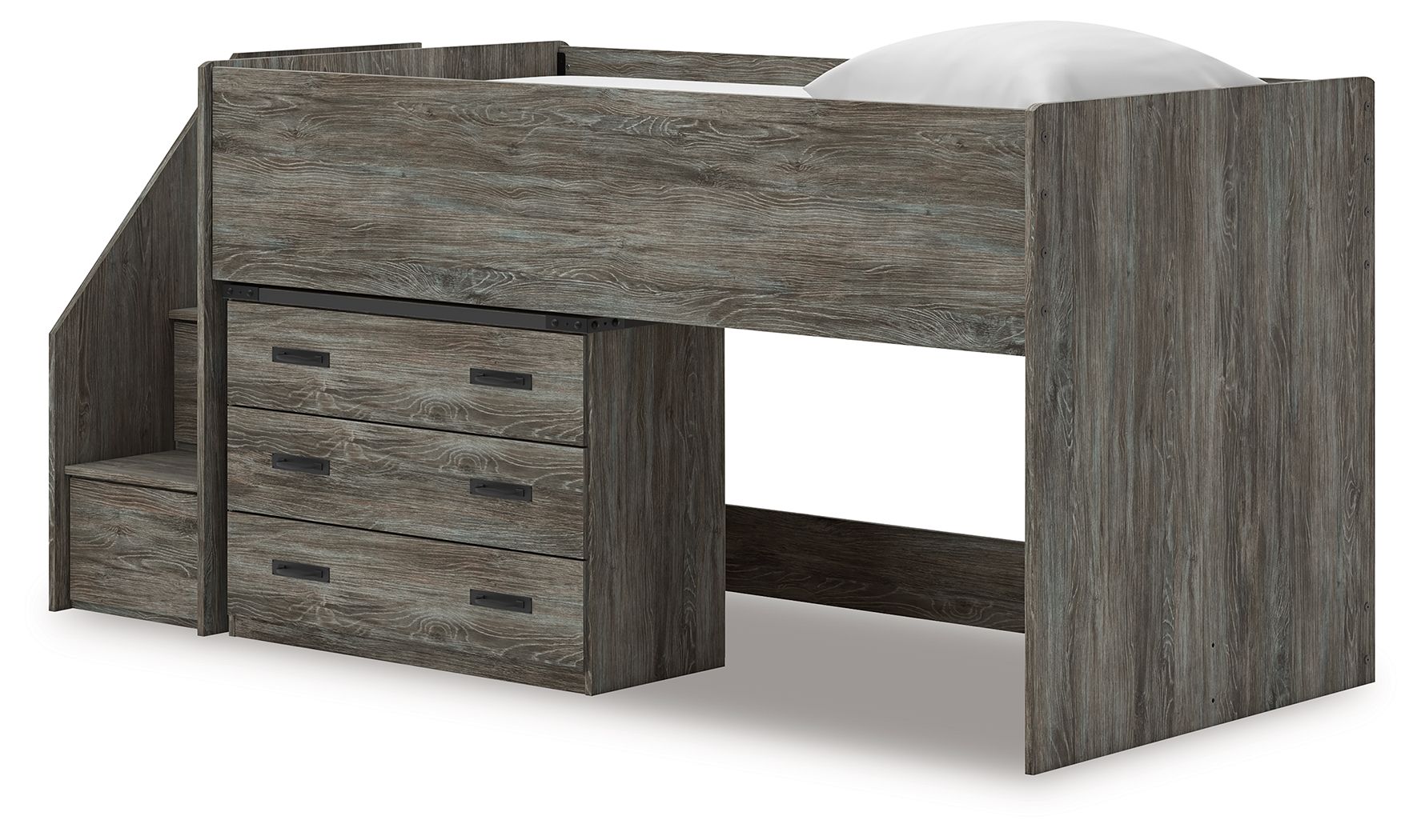 Gray loft bed with side bookcase compartments and front drawer storage panel