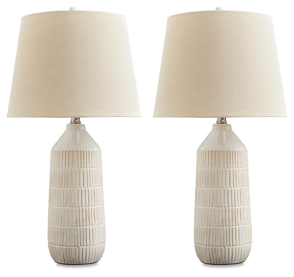 Set of 2 off-white ceramic table lamps with ribbed base and drum fabric shade