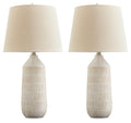 Set of 2 off-white ceramic table lamps with ribbed base and drum fabric shade